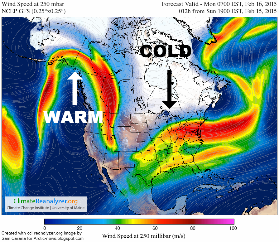 The location of the Jet Stream here can be seen bringing cold air from the pole into the southern States.