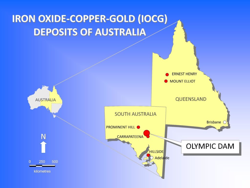 Iron oxide-copper-gold (IOCG) deposits in South Australia and Queensland, Australia.