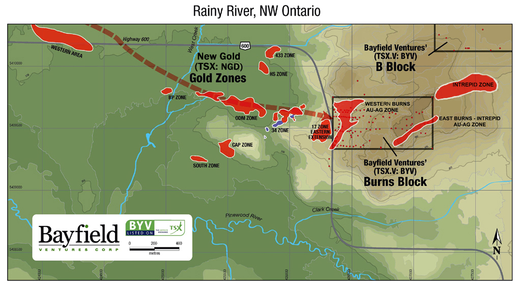 Map showing the Rainy River gold zones