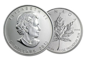 A palladium coin produced by the Royal Canadian Mint. Palladium is an exchange traded metal and these coins are sought after by collectors and speculators.