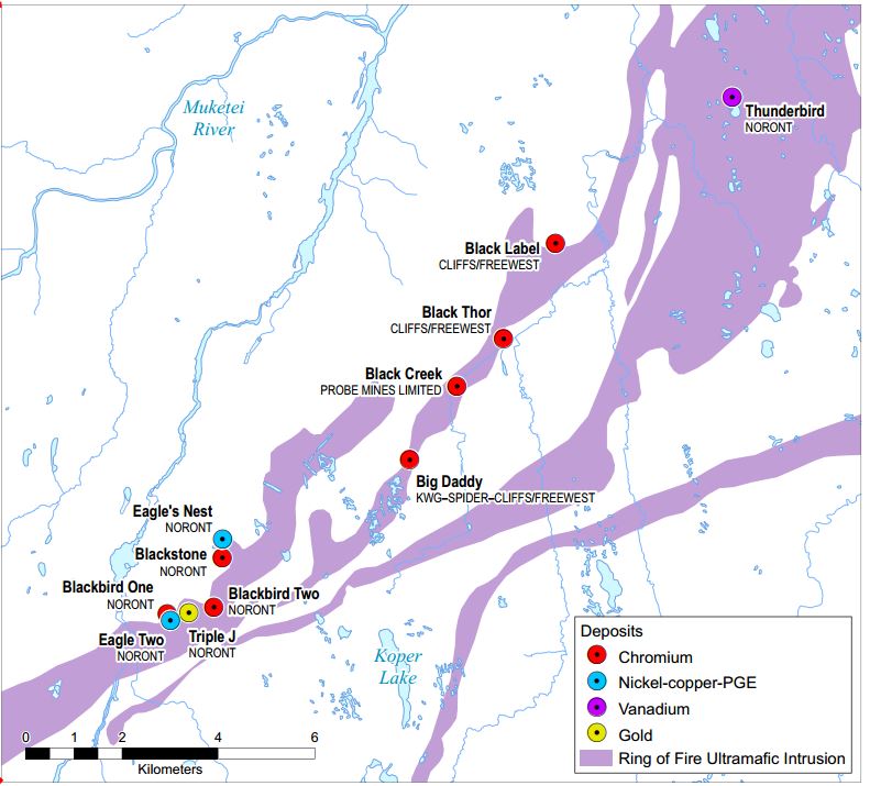 Main deposits and explorers in the Ring of Fire, Ontario