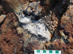 Sulfide minerals in a quartz (white) tourmaline (black) vein are indicative of hydrothermal activity.