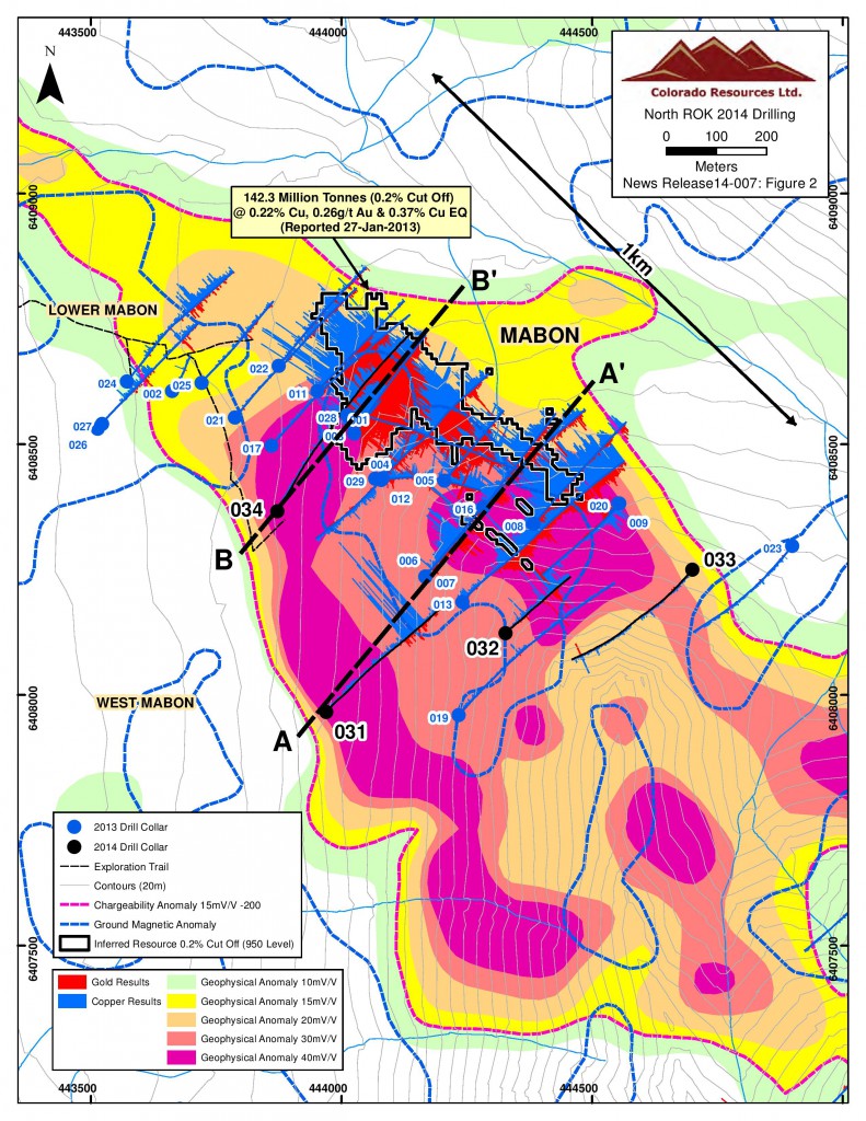 Plan view of Colorado Resources' 2013 and 2014 exploration programs