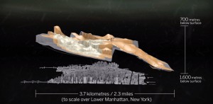 A model of Ivanhoe Mines Platreef deposit superimposed over a model of Lower Manhattan. - Screen Capture from a Youtube video on Ivanhoe Mines website 