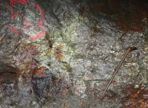 Massive Sulfide (yellow) between the 53 and Iron Axe - Rotgülden Mine Austria - Image from Noricum Gold