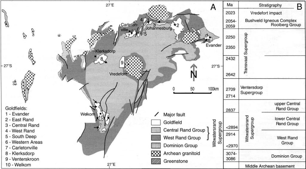 Map of the Witswatersrand Basin, showing ages and major goldfields. From Horscroft et al 2012