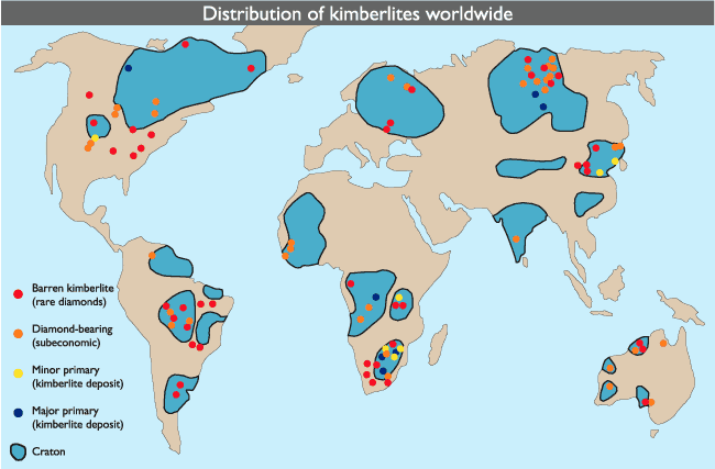 Distribution of kimberlites worldwide in relationship to Archaean cratons.