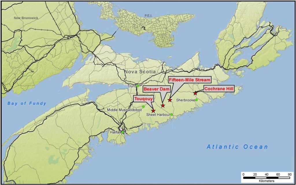 Location of Atlantic Gold's projects in Nova Scotia.