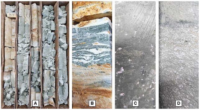 Figure 4. Diamond core drilling at Nevada Lithium’s Bonnie Claire Project. A: Core box zone 785-787 meters of claystone and sandstone with grades up to 6,880 ppm lithium. B: Eight centimeter core section at 788.8 meters of layers of thin green claystone and orangish brown sandstone. C: Eight centimeter core section at 787.0 meters of gray claystone with calcite crystals. D: Ten centimeter core section at 788.5 meters of competent clay. Photos provided by Nevada Lithium Resources, Inc.
