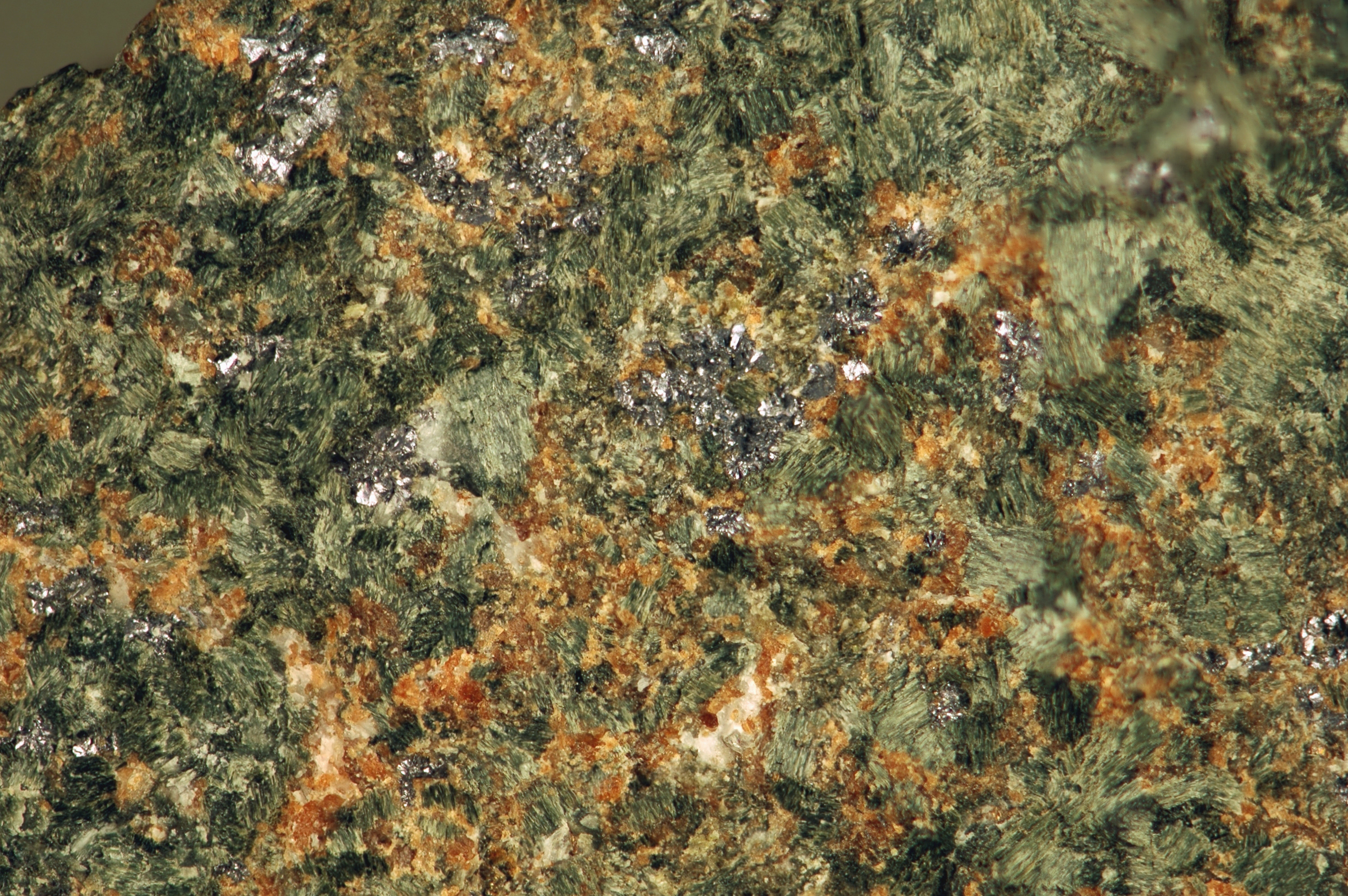 A garnet-pyroxene-molybdenite-scheelite skarn. Scheelite is a primary ore of tungsten.